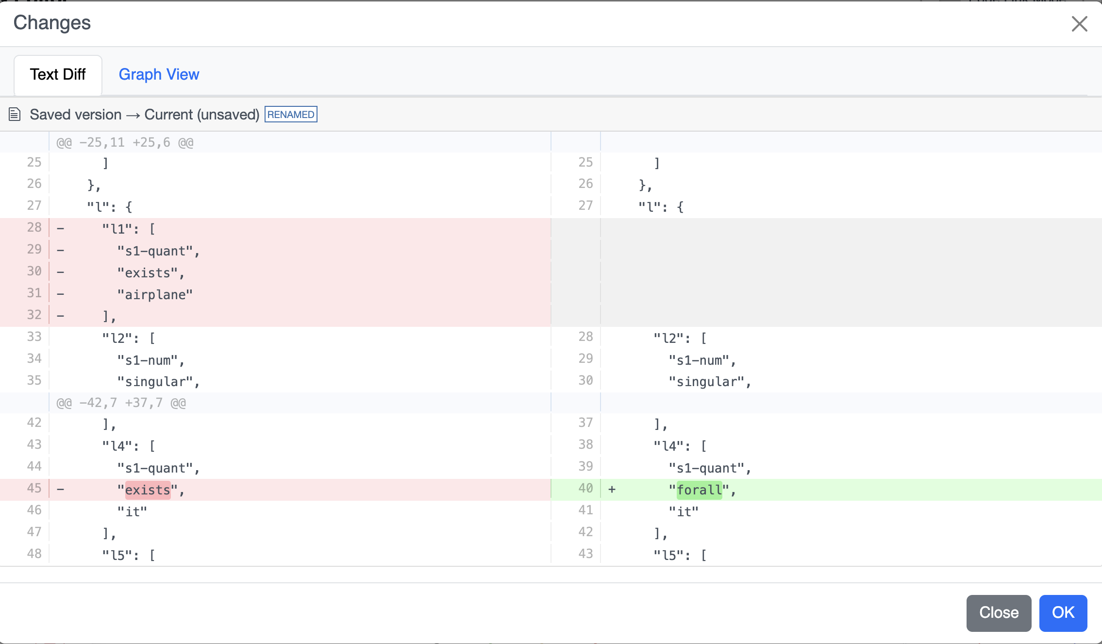 JSON text diff dialog comparing saved version to current unsaved version