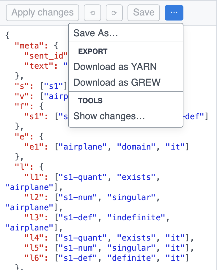 JSON editor with toolbar: Apply changes, Undo/Redo, Save, and more menu